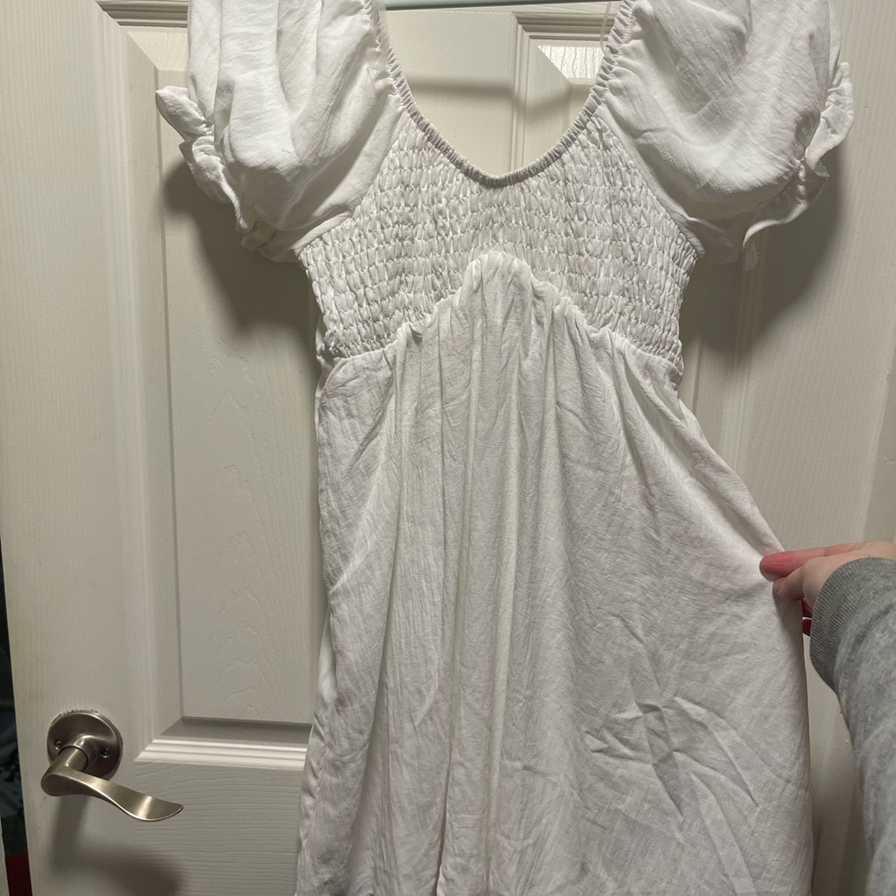 White Smocked Puff Sleeve Dress